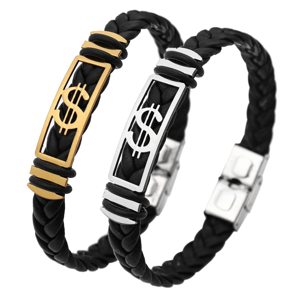 

New Vintage Metal Dollar Sign Braided Leather Rope Bracelet Fashion Men's Premium Leather Bracelet Gift Wholesale