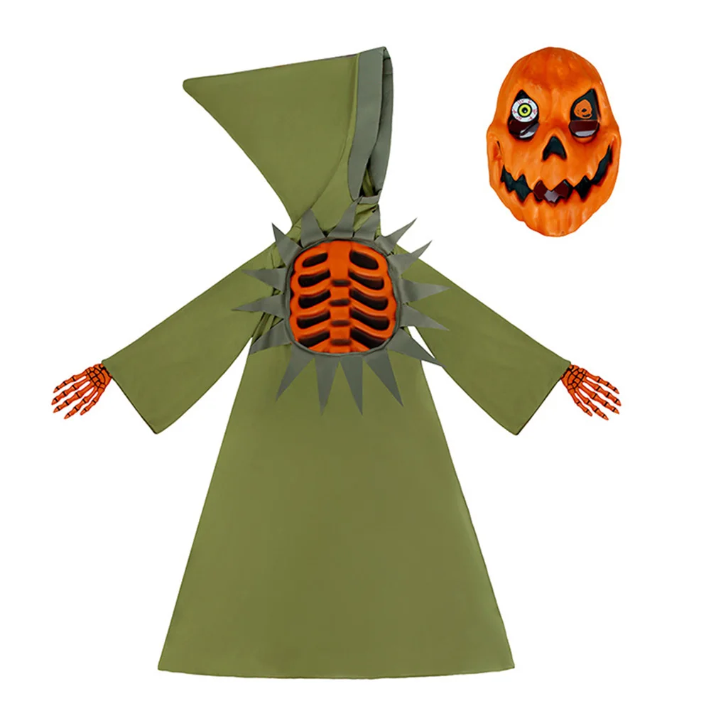 Kids Halloween Pumpkin Skeleton Mask Green Robe Outfits Children Stage Performance Costume Carnival Party Roleplay Terror Suit