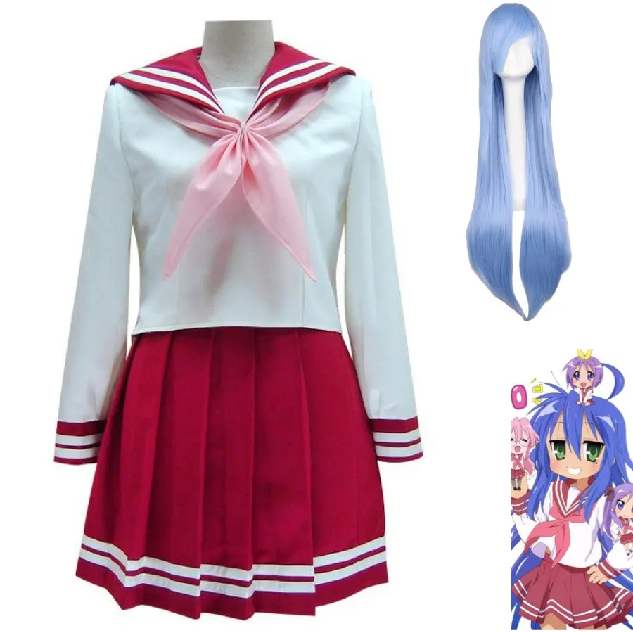 

Anime Lucky☆Star Izumi Konata Cosplay Costume Wig Red Japanese School Uniform Skirt Woman Sexy Kawaii Halloween Sailor Suit