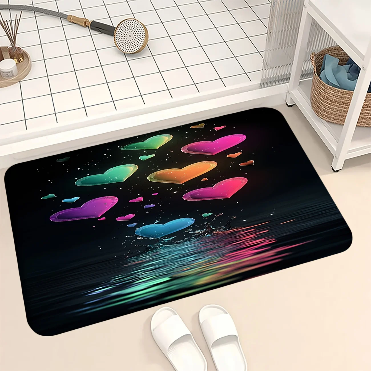 

Galaxy Heart Printed Flannel Bath Mat With Rainbow Colors And Cosmic Design Soft Non Slip Rug For Bathroom Or Bedroom Decor