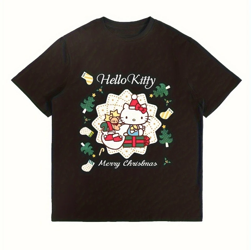 

Sanrio Official Hello Kitty Christmas Pattern T-shirt Made of Pure Cotton, Comfortable and Casual Round Neck Short Sleeved Top