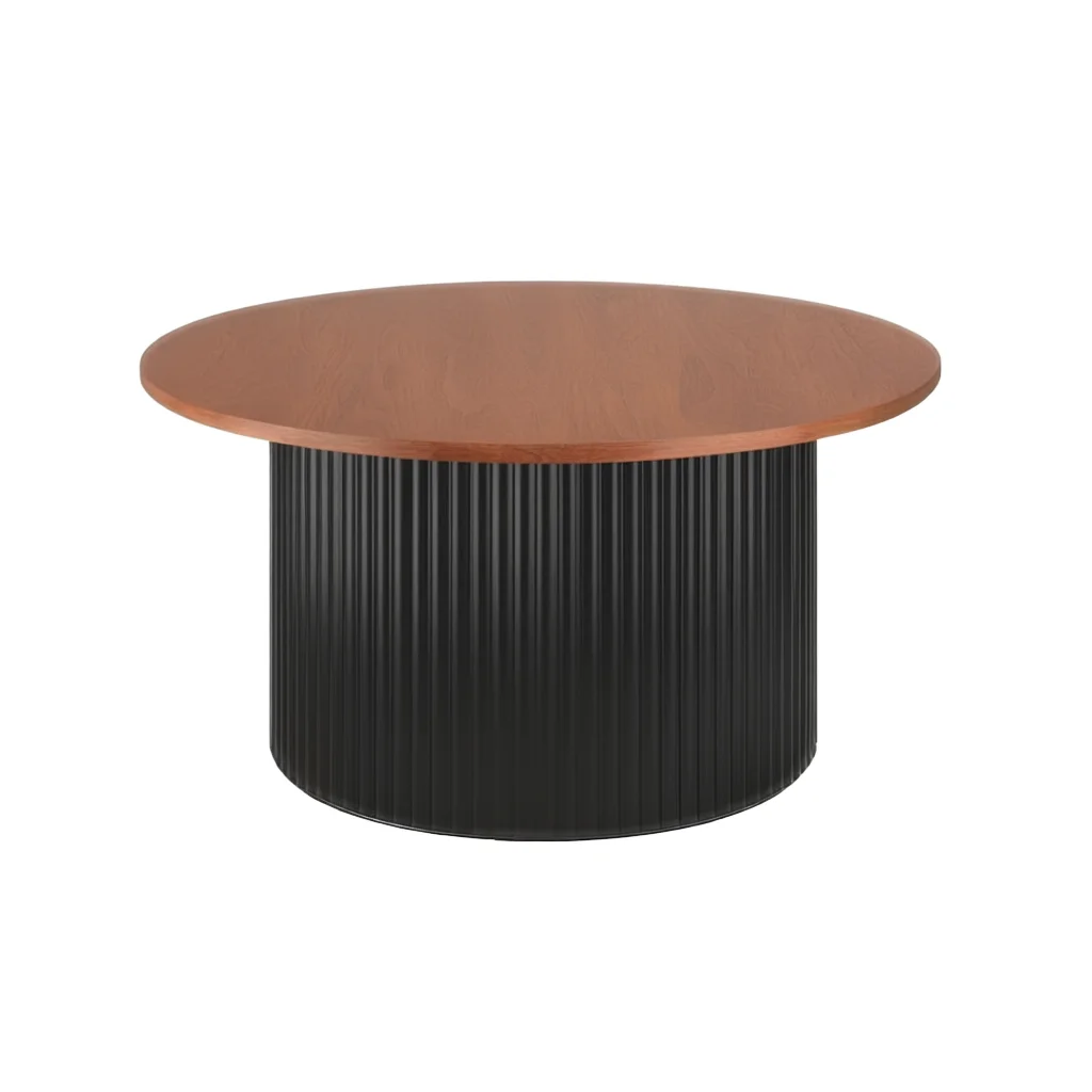 

Modern round coffee table, solid wood desktop, black base, living room furniture, sturdy and durable structure