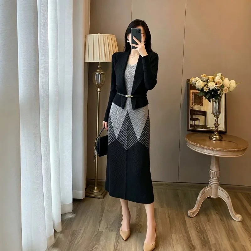 2026 New Miyake Pleated Dress Set Autumn Suit Collar Diamond Pattern Cardigan+Matching Color Dress Fake 2-Piece Pleats Dress