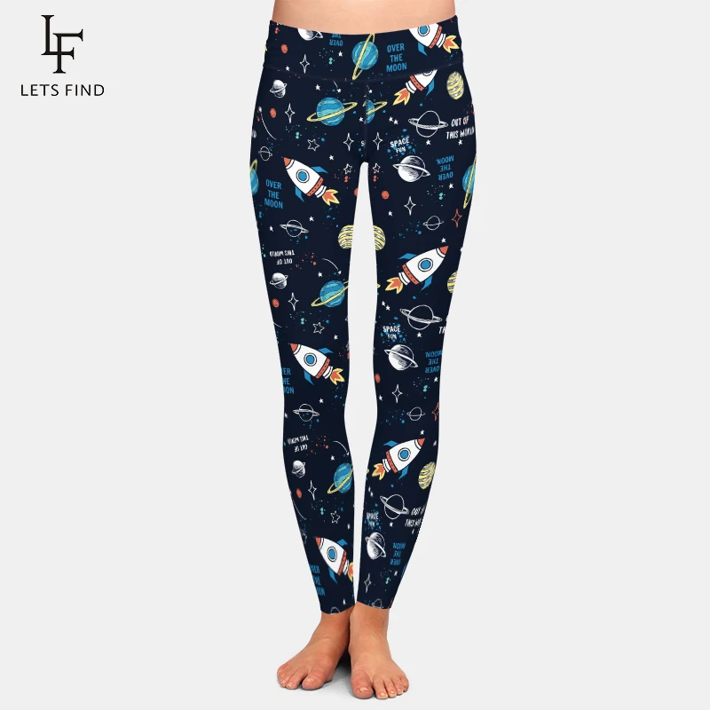 

LETSFIND New 3D Cartoon Space Rockets and Planets Print Women Leggings High Waist Fitness Elastic Full Leggings