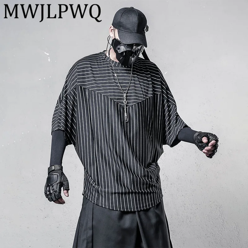 

MWJLPWQ Нишевая модная летняя темная стильная полосатая футболка с круглым вырезом, драпированная, устойчивая к морщинам, свободные топы с короткими рукавами «летучая мышь» 12186