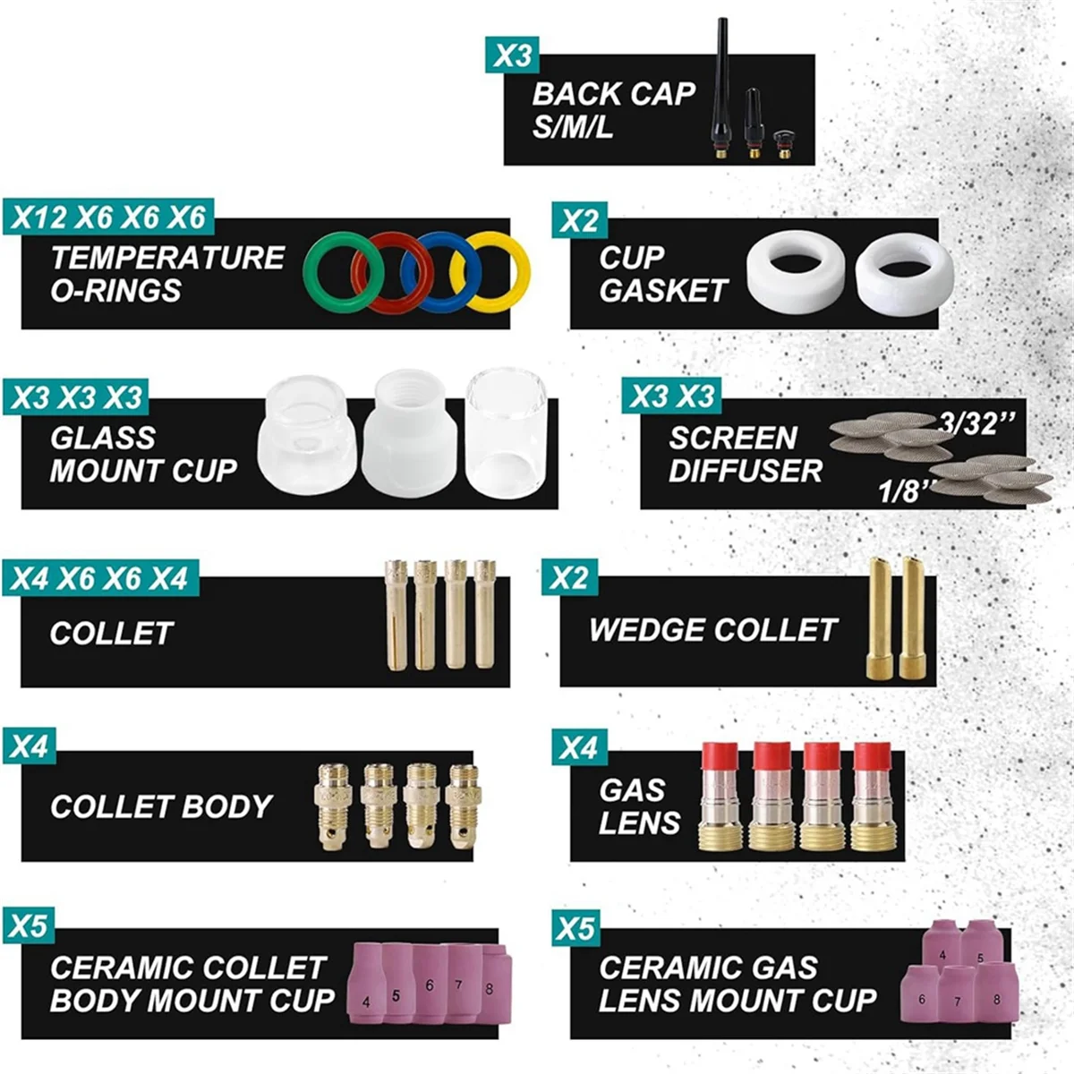 Soldagem Tocha Acessórios Kit, Pinças Corpo, Copo De Vidro, Bico De Alumina, Stubby Gás Lens, 10 12 para TIG, WP-17, 18, 26, 90Pcs