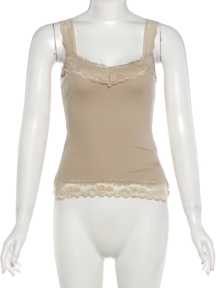 Weird Puss Spitzen-Patchwork-Camisole für Damen, tief ausgeschnitten, eng anliegend, mit seitlichem Schlitz, Midnight Sexy Hottie, wilder Sommertrend, Streetwear – Detail 5