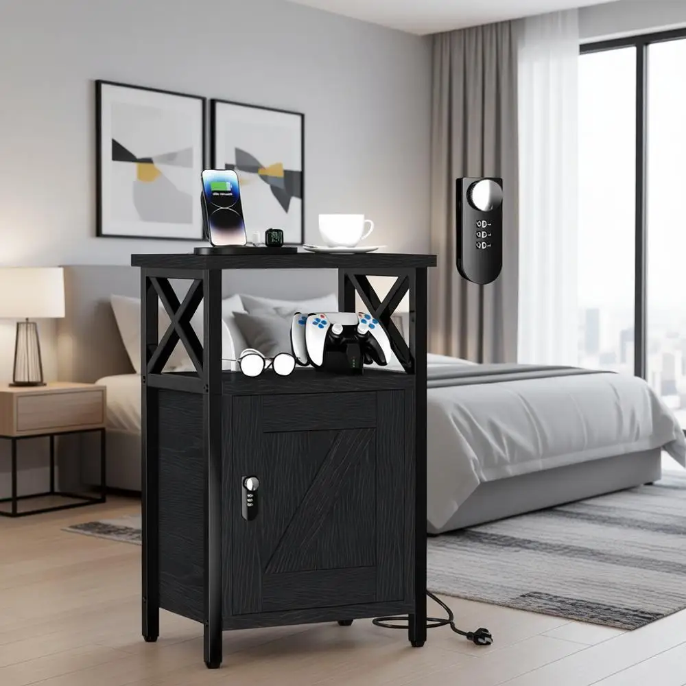 

Black Wooden Nightstand with Charging Station, Storage, 3 USB Ports & 2 Outlets for Bedroom, Living Room, Dorm