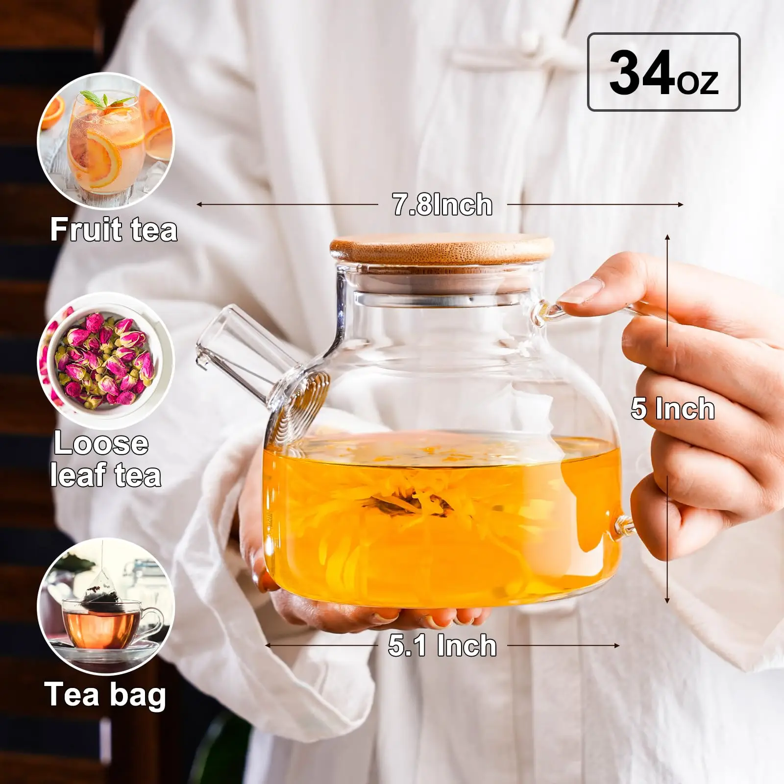 Glass Teapot,Home Stovetop Coffee Kettle,1L Heatproof Borosilicate Glass,With Bamboo Lid Removable Filter Spout,for Lemonade