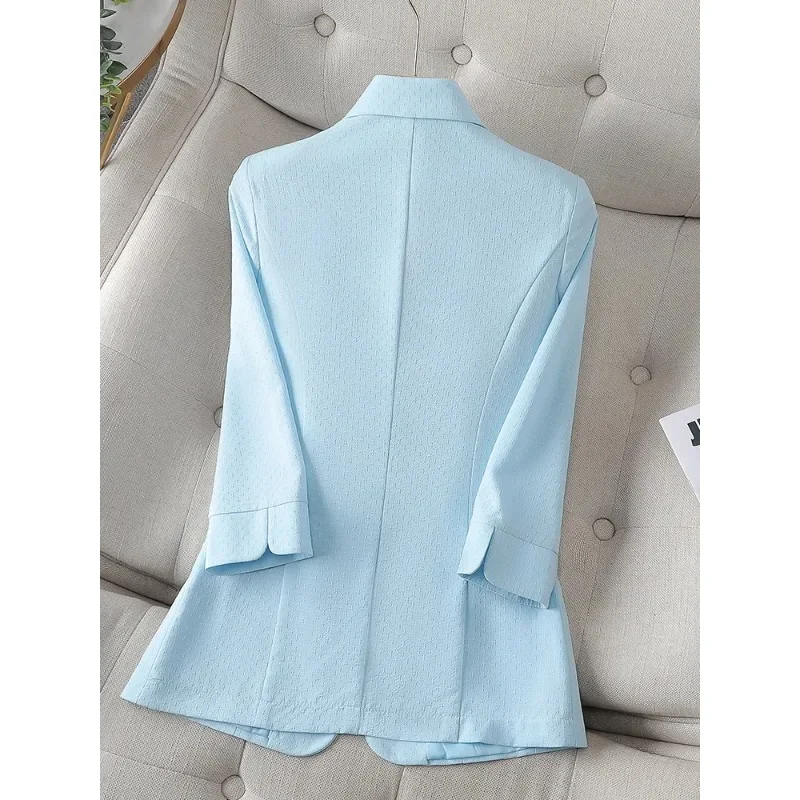 Blazer wanita, mantel kerja bisnis perempuan jaket ramping kancing tunggal, biru kuning, musim panas musim semi