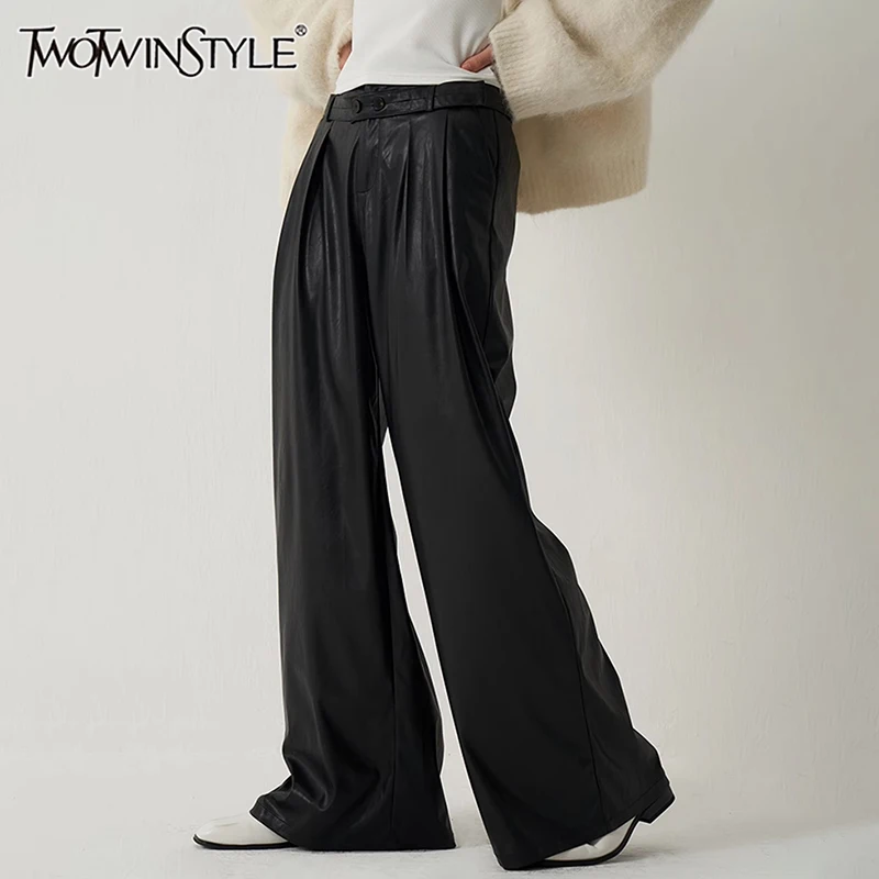 

TWOTWINSTYLE Solid Spliced Folds Elegant Pants For Women High Waist Patchwork Button Minmalist Temperament Pant Female Fashion