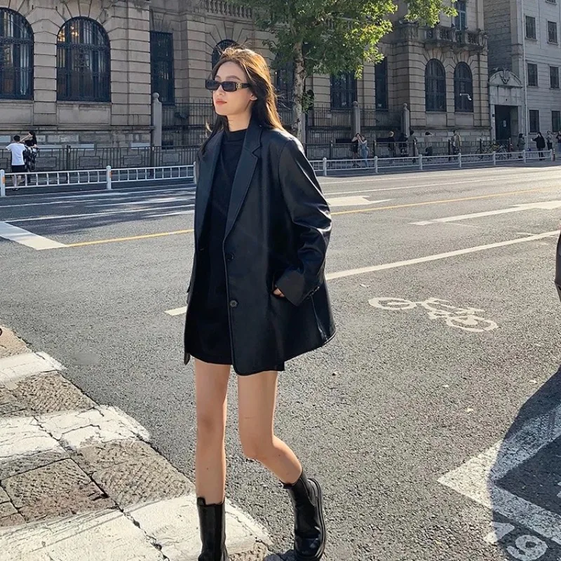 Bla PU Leather Jaet Women's Loose Hong Kong Sle Spring Autumn New Design High-End Feel Street Faion Retro Suit Coat