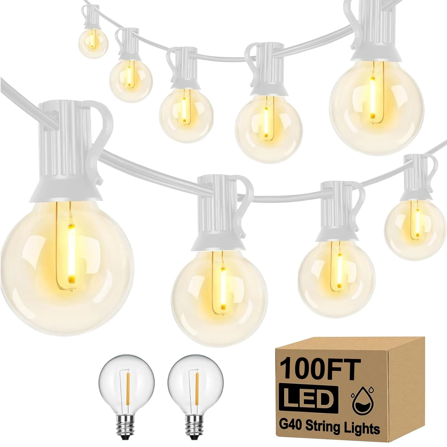 Catena di Luci LED da Esterno 100Ft con Lampadine Infrangibili G40, 50 Lampadine Bianche Impermeabili 2200K per Patio, Caffè, Matrimoni e Decorazioni per Appuntamenti
