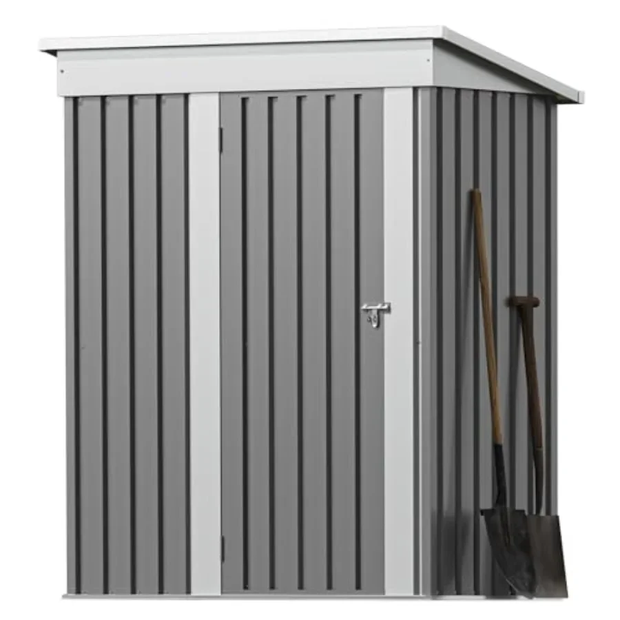 Outdoor storage shed for garden, patio, backyard use; galvanized steel construction; gray color; rust-resistant, lockable doors