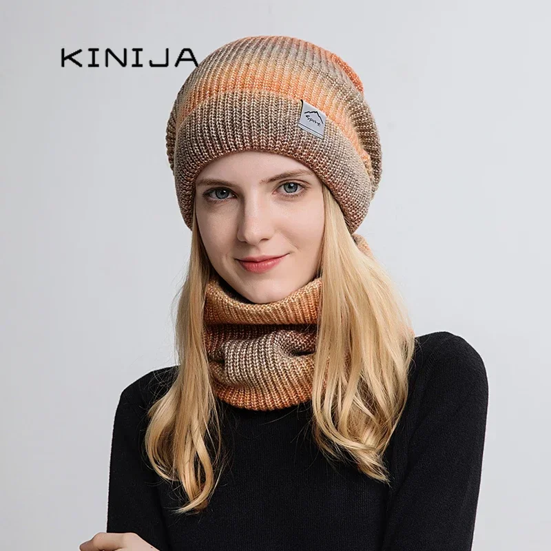 Women Winter Hat Gradient Striped Ski Hat Neck Warmer Female Tie Dye Beanie Russia Outdoor Thicken Plush Hat+Scarf Set