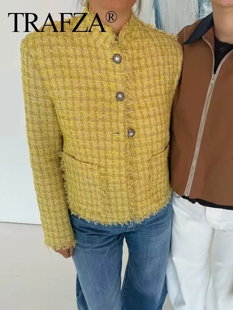 

TRAFZA Elegant Coats For Women's Autumn Fashion Solid Single-breasted Turtleneck Long Sleeves With Pockets Winter Chic Jackets