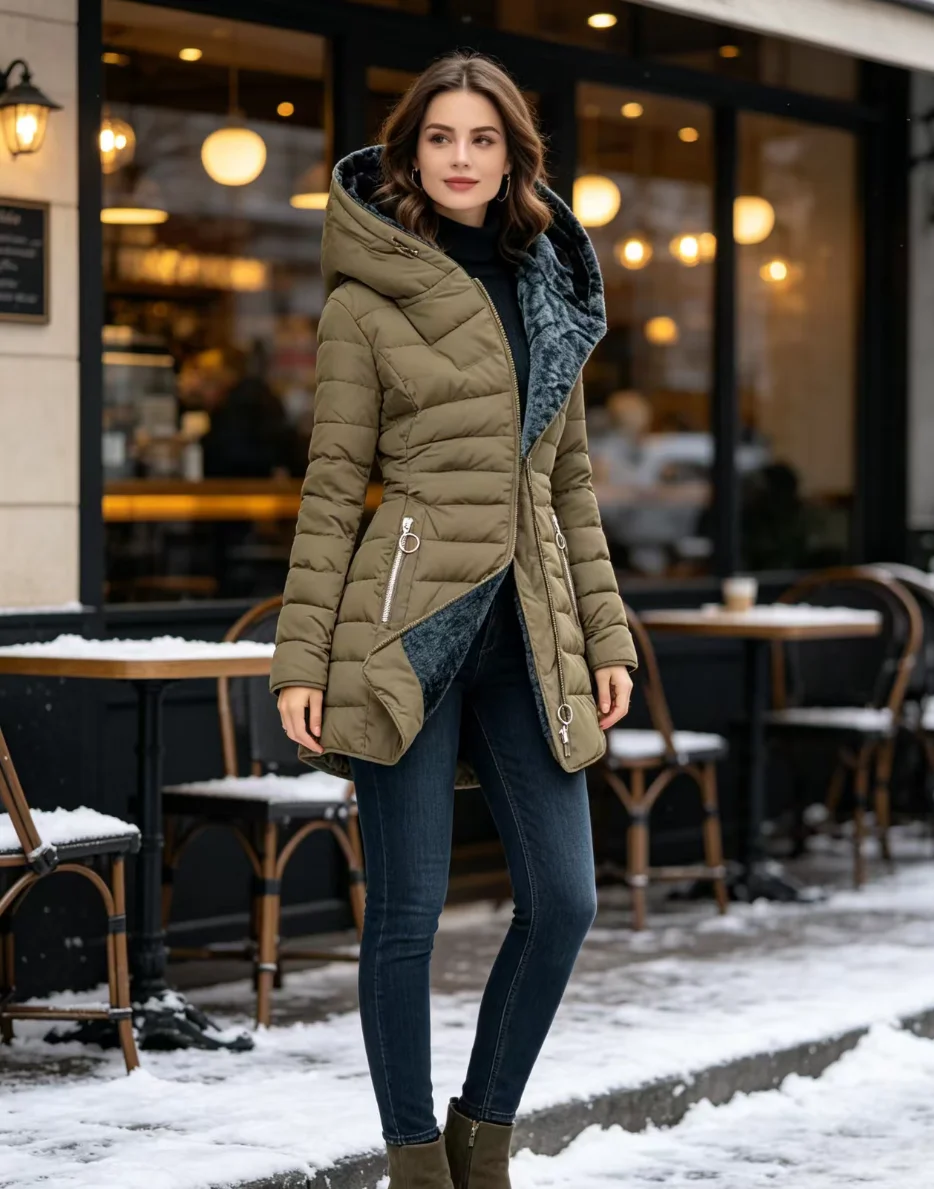 Womens Mid Long Styles Coat Plus Size Quilted Jacket Warm Outerwear Hooded Big Fur Collar Windproof Long Sleeves Winter Coat Top