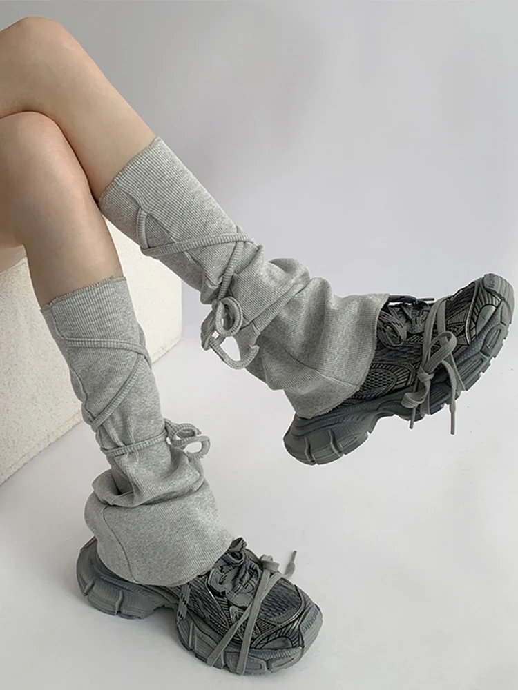 جوارب نسائية رمادية بتصميم Y2K لغرفة الدراسة الليلية، جوارب نصفية مع فيونكة وقاع واسع، مصنوعة من القطن المريح لجميع المواسم