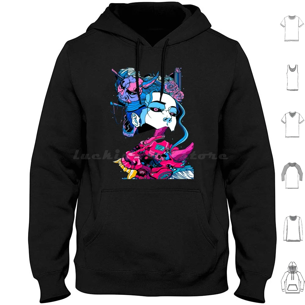 Demon Mask Japanese Girl Hoodie cotton Long Sleeve Cyborg Girl Glitch Vaporwave Japanese Hipster Future Fashion Urban Style