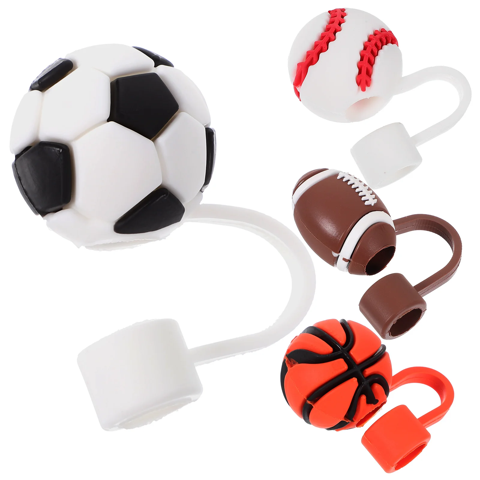 4 Pcs Sports Shaped Silicone Straw Caps Basketball Football Baseball Rugby Decorative Dust Plugs Reusable Easy Clean