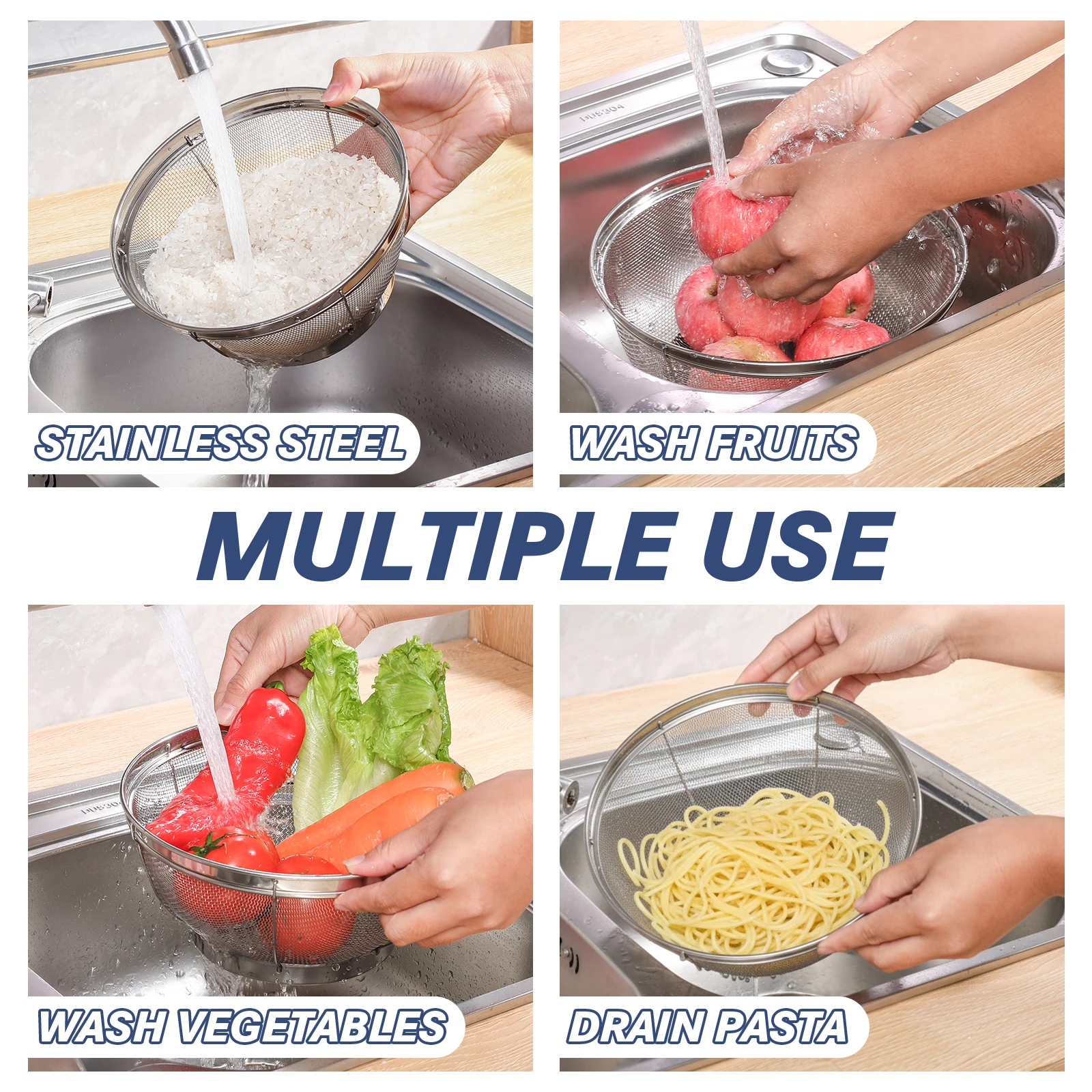 

tastyWay All Purpose Stainless Steel Fine Mesh Strainer Net Baskets with Handles Resting Base Colander Set Kitchen Supplies