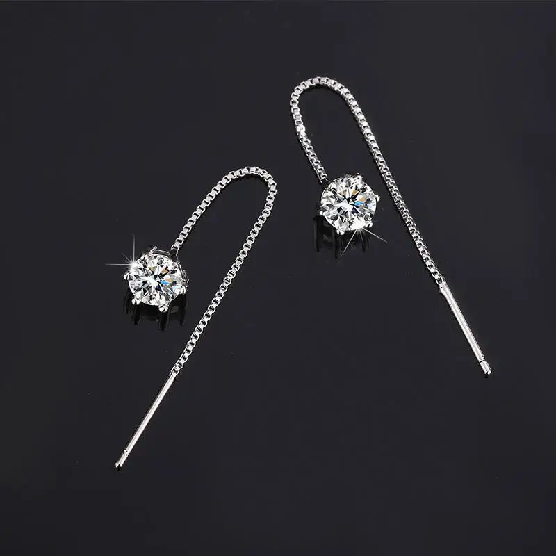 Sparkling 6mm Round Moissanite Threader Earrings Long Tassel Dangle Anti-Allergy Jewelry for Women Birthday Gift
