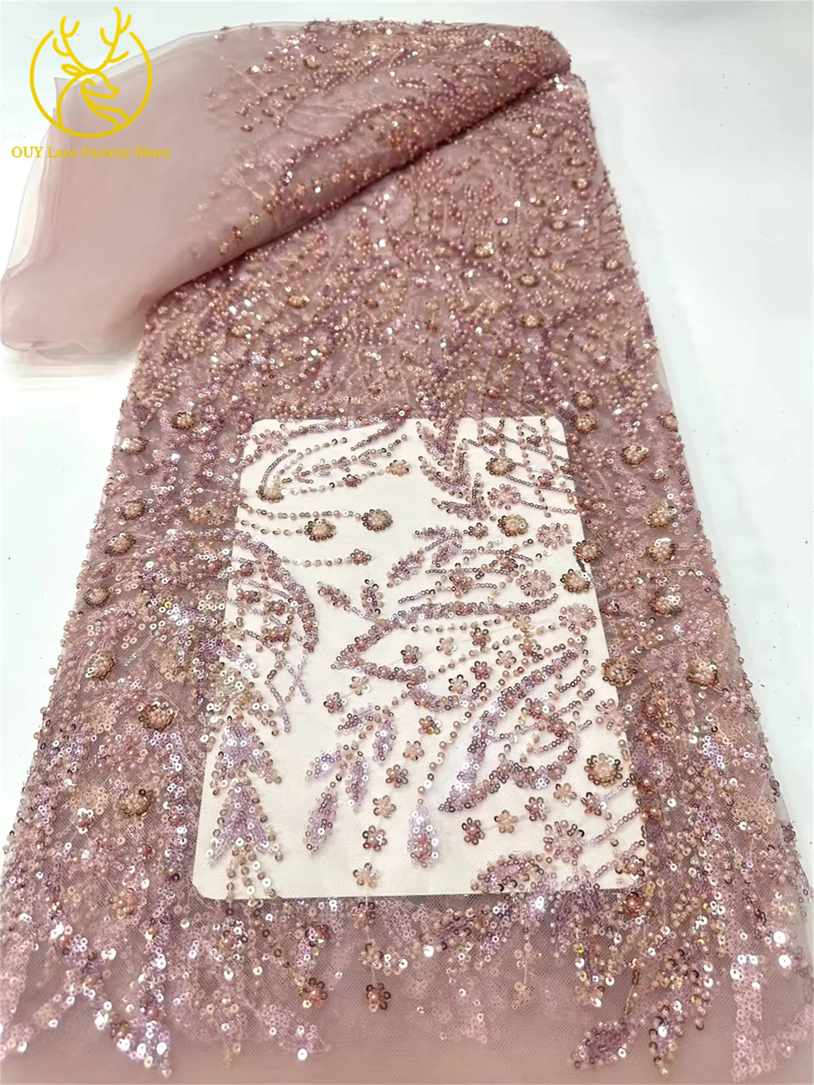 Afrikanischer Spitzenstoff, 5 Yards, hochwertiger nigerianischer Spitzenstoff mit Perlen und Pailletten, französische Tüllspitze zum Nähen von Hochzeits- und Partykleidern – Detail 10