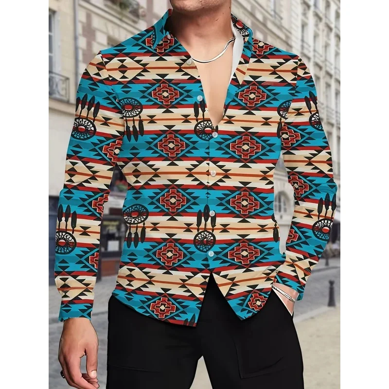 New Navajo-style turquoise cross 3D printed men's long-sleeved shirt, featuring a western cowboy style, slim-fitting design