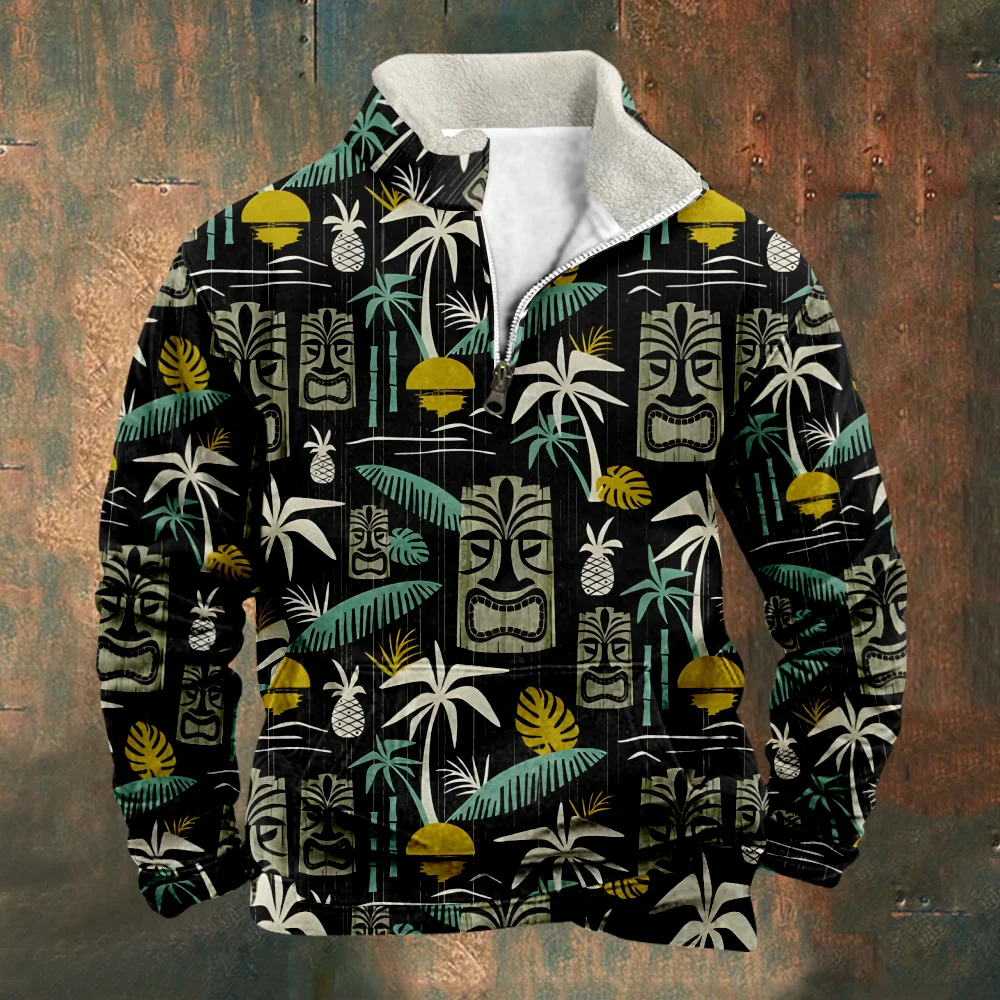 

Patchwork Men's Sweatshirt Indian Mask Print Hawaiian Sweatshirts Long Sleeve Stand Collar Zipper Casual Pullovers