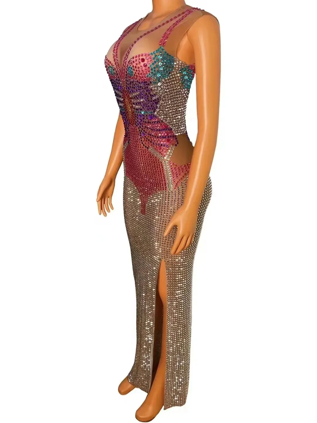 Strass Stretch Mesh See-through abito lungo senza maniche Sexy Birthday Prom festeggia il servizio fotografico dell'abito da sera