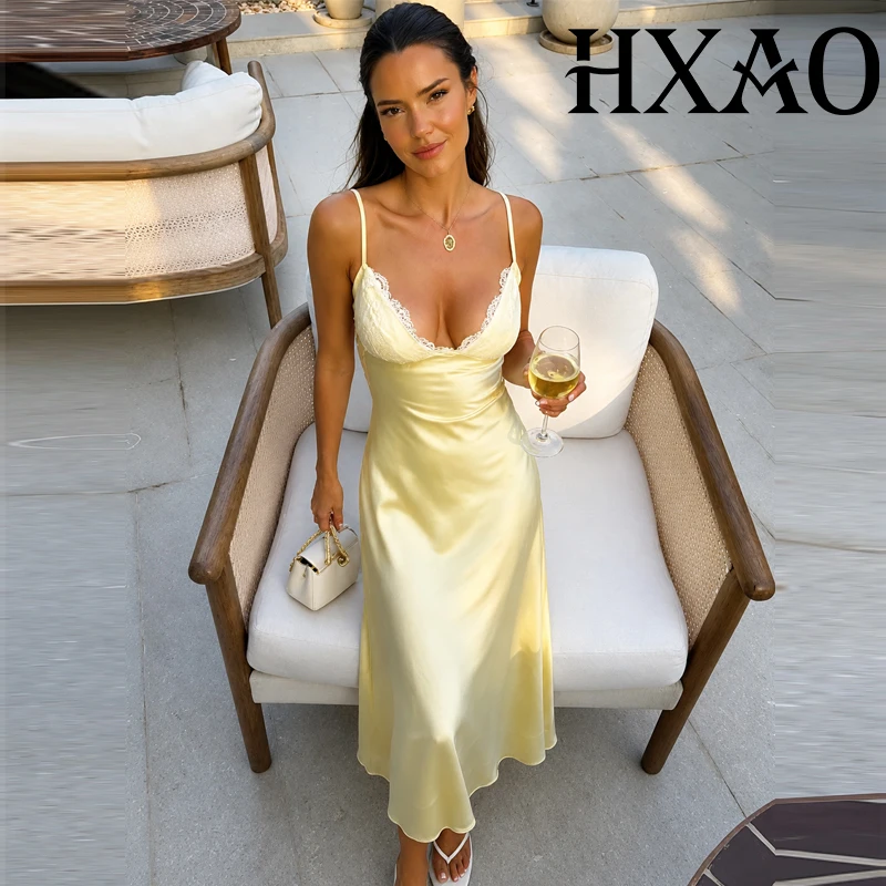HXAO Gelbes Spitzenkleid für Damen, ärmellos, Slip-Satin-Kleider, Sommerkleid mit Trägern, elegantes Partykleid, rückenfrei, sexy Strand-Midikleid