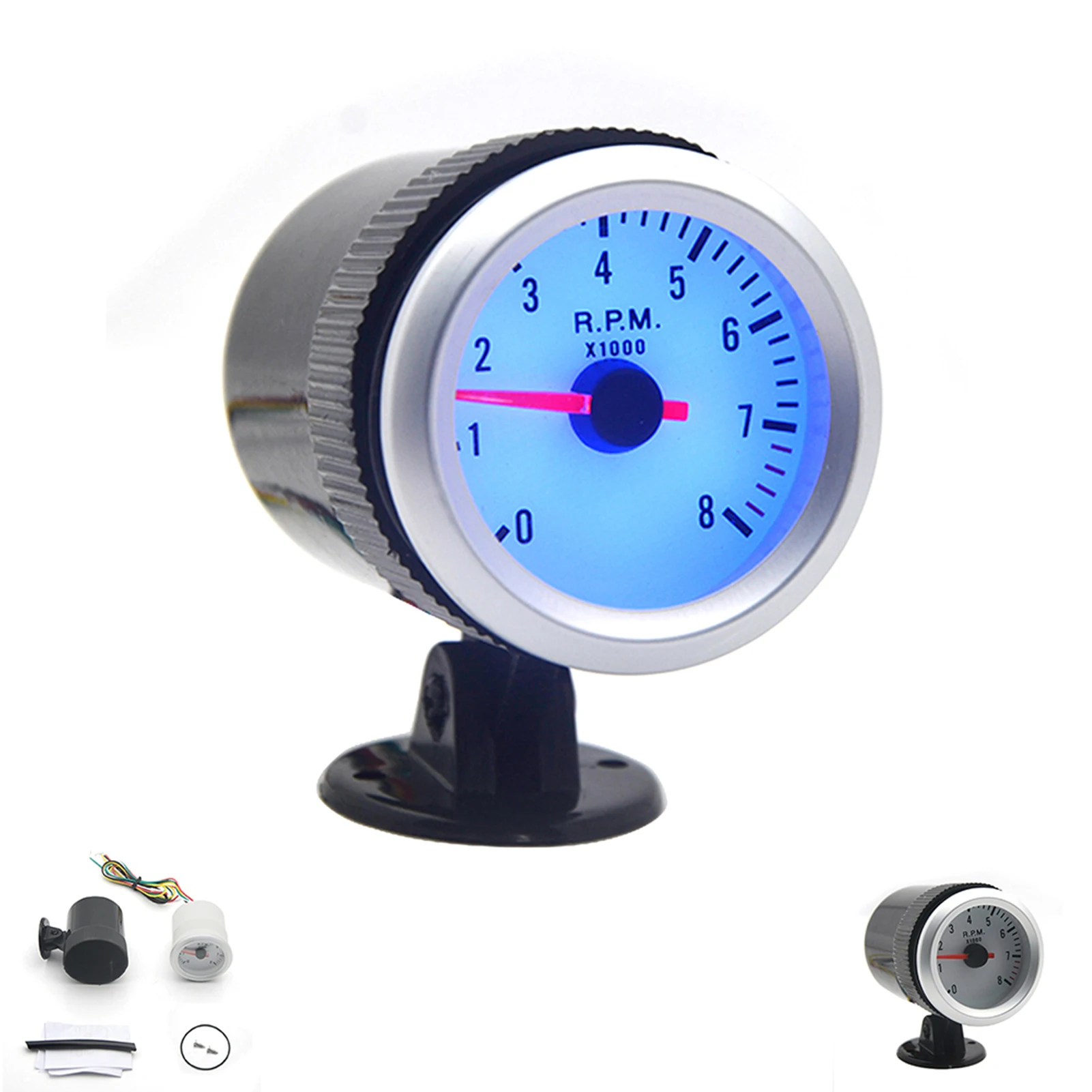 

2 Inch 52mm Tachometer Tach Gauge Blue LED Light with Black Holder Cup for Auto Car 0-8000RPM 4,6,and 8 Cylinder