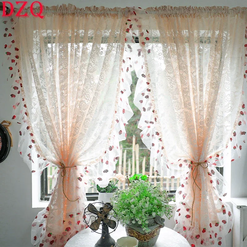

280*160 Idyllic American Rural Strawberry Tulle Door Curtains Floral Warp Ruffled Curtains for Kitchen Lace Roman Curtains #A347