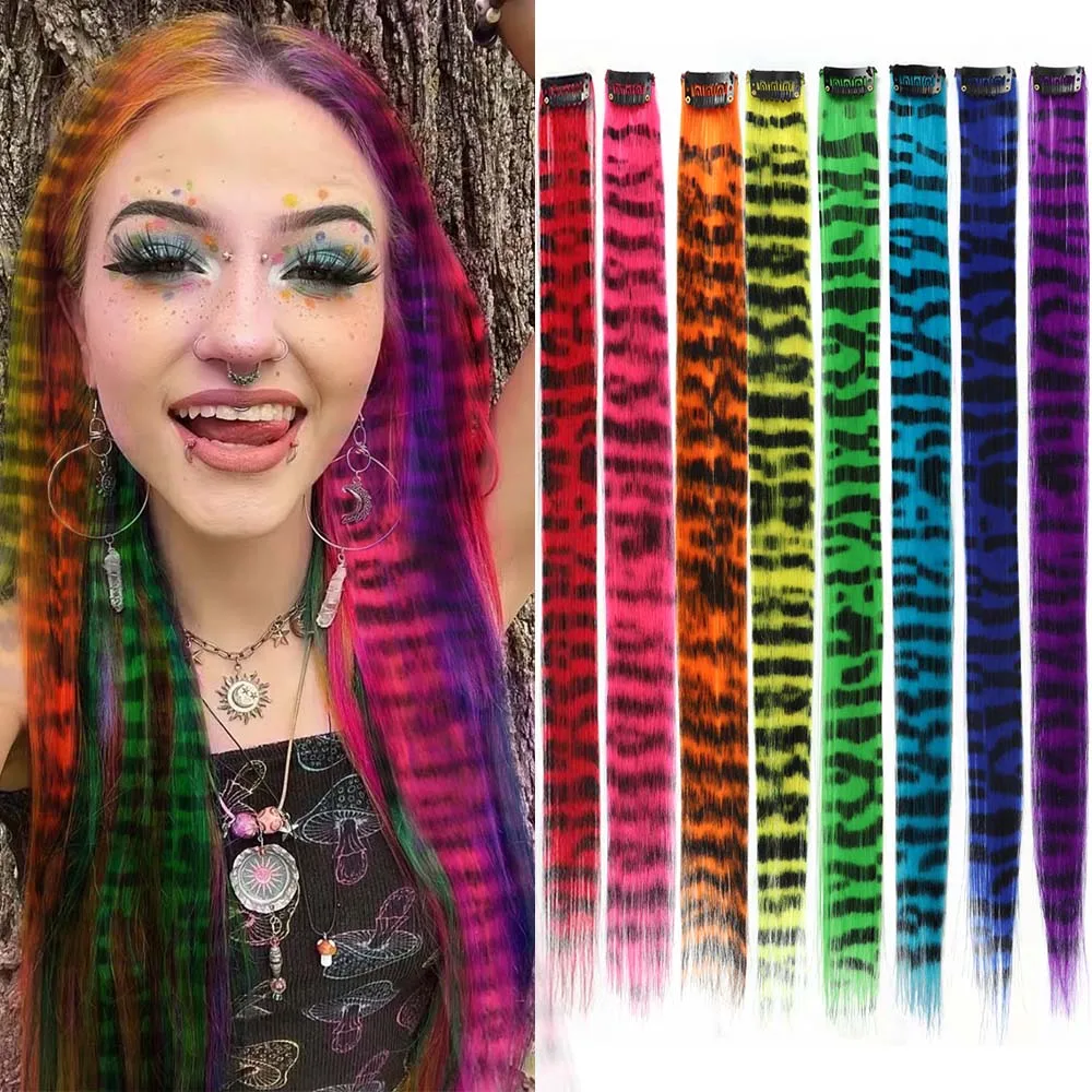 وصلات شعر ريشة ملونة 8 قطع 18 بوصة مشبك شعر مطبوع عليه شريط حيوانات على شكل قوس قزح شعر صناعي للحفلات التنكرية والمهرجانات