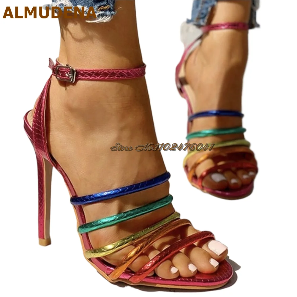 ALMUDENA Red Blue Green Colorful Snakeskin Strappy Sandals Stiletto Heels Python Thin Band Dress Shoes Patchwork Dress Pumps