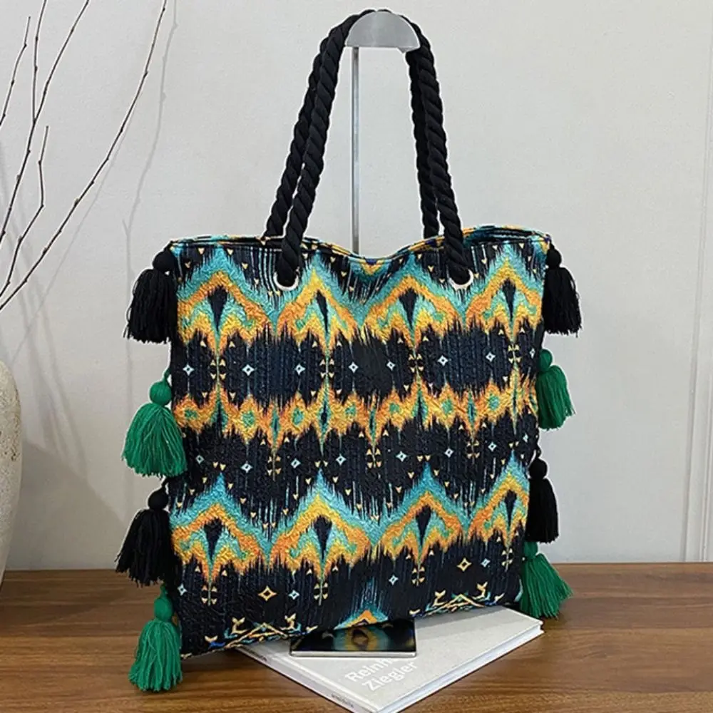 Большая вместительная сумка-тоут с кисточками, тканевая бахрома, сумка на плечо в этническом стиле, богемная сумка на шнурке с геометрическим узором для девочек