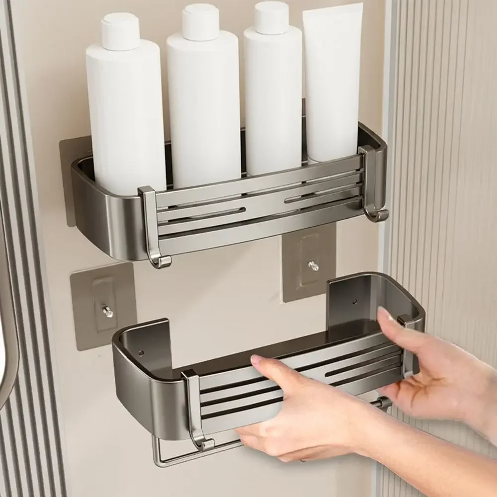 Aluminum Alloy Bathroom Storage Rack Wall Mounted Non Perforated Bathroom Toiletries Holder Washbasin Storage Shelf Home