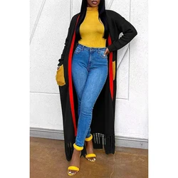 Plus size women's daily outer black knitted tassel color block cardigan coat extra long top clothing women's long coat