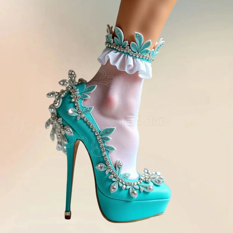 

Crystal Foliage Cyan Round Toe Platform Pumps Slip On Women Shoes Thin High Heels Fashion Party Dating 2025 Zapatos Para Mujere