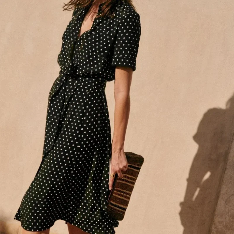 2023 Retro Polka Dot Shirt Collar Short Sleeve Waist Tie Dress Woman Dress