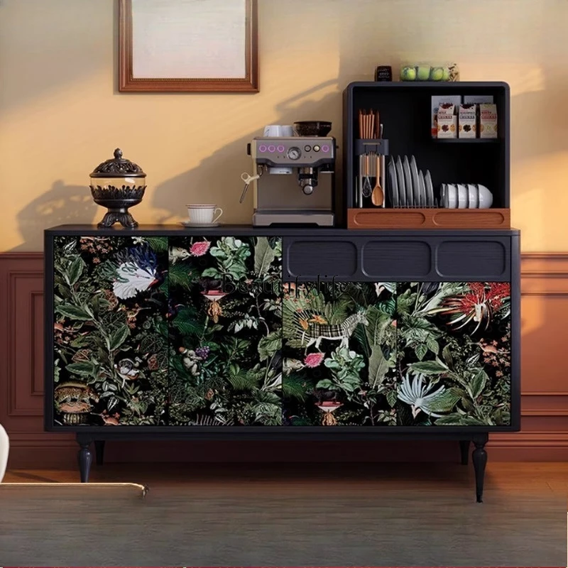 

02*French retro solid wood dining side cabinet integrated storage against the wall Painted dining side cabinet