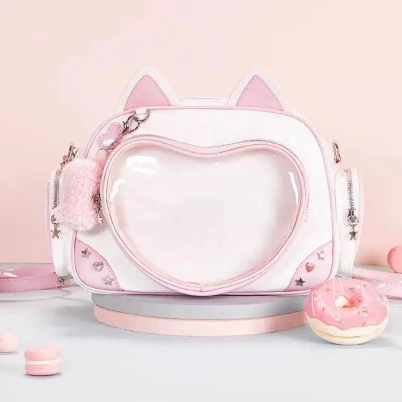 Ita Bag Sweet Cute Cartoon Cat Backpacks for Teenage Girls Popular Transparent School Bag Ear Design Cute Display Crossbody Bag