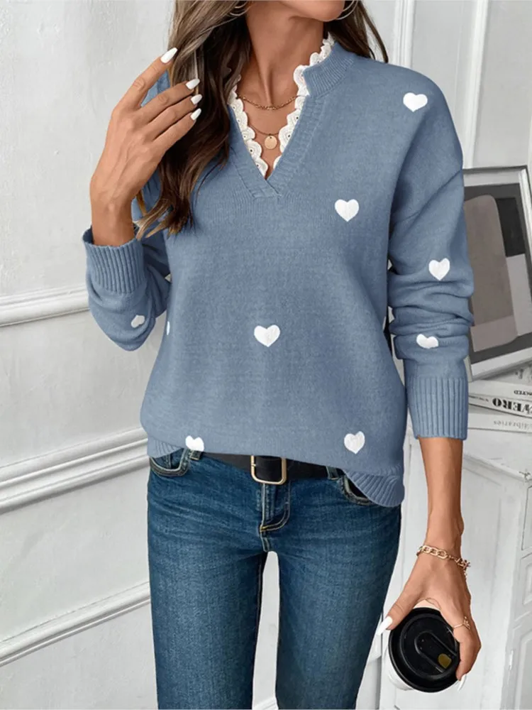 

Women's V-neck Love Sweater Winter Clothes Woman Pulls Femmes All-match Loose Simple Style Comfortable Pullover Solid Color Chic