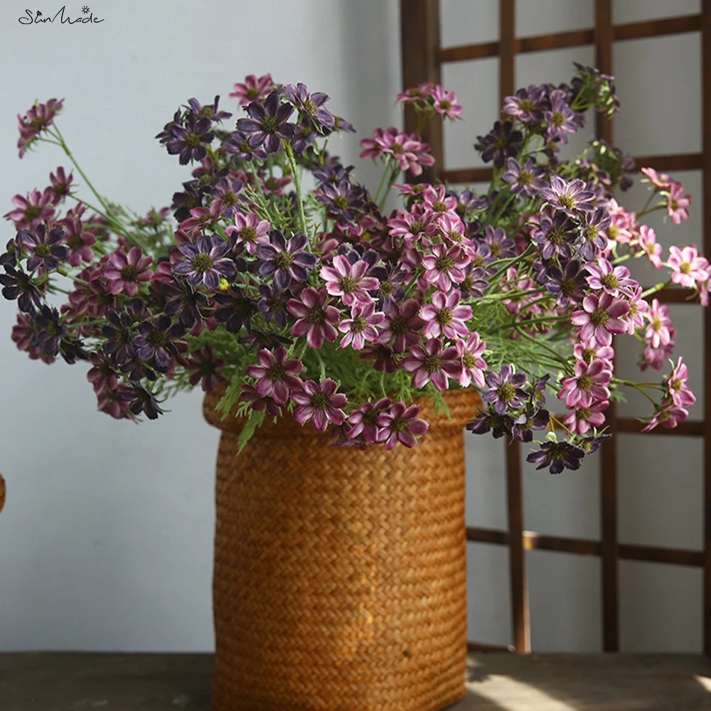 SunMade New Real Touch Daisy Branch with Green Leaves Fake Flowers Living Room Decoration Wedding Table Decor Flores Artificales