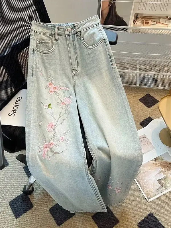 

Elegant Embroidered Plum Blossom High Waist Straight Leg Loose Fit Jeans Light Blue Casual Comfortable Women's Denim Trousers