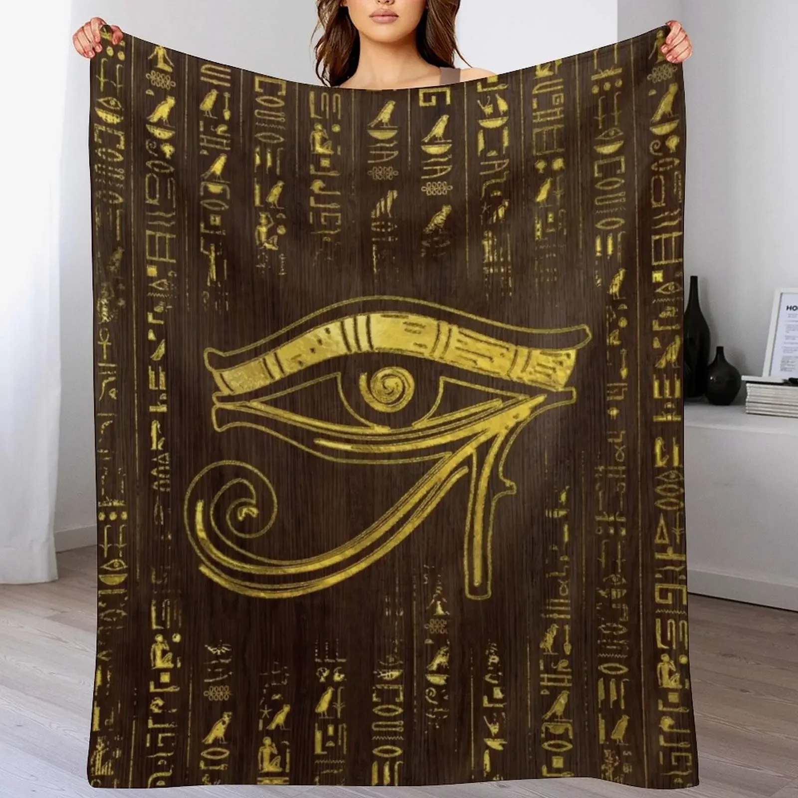 Golden Egyptian Eye of Horusand hieroglyphics on wood Throw Blanket Cozy Throw Blanket for Bed Sofa Chair
