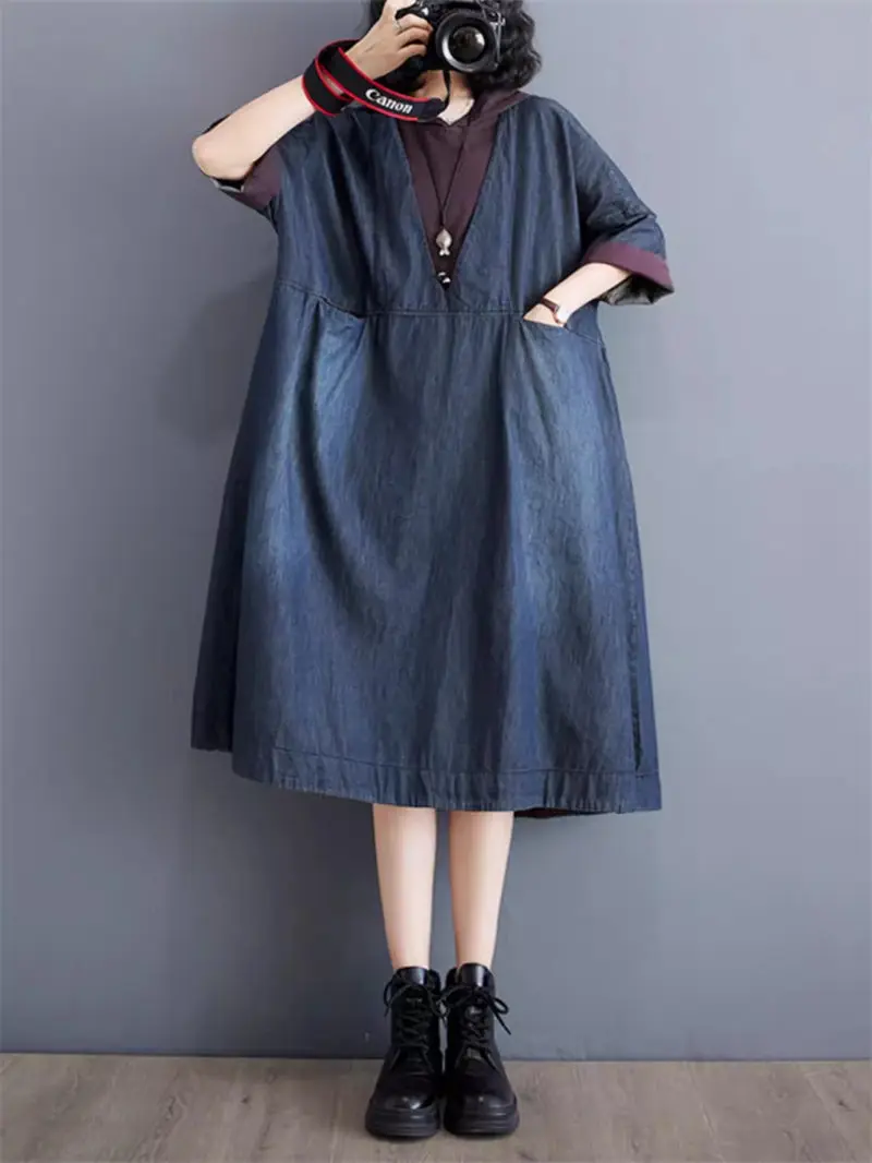 Loose Hooded Denim Dress Oversized Women's Clothing 2024 Summer New Mid Sleeve Fashion Vintage Jeans Vestidos K870