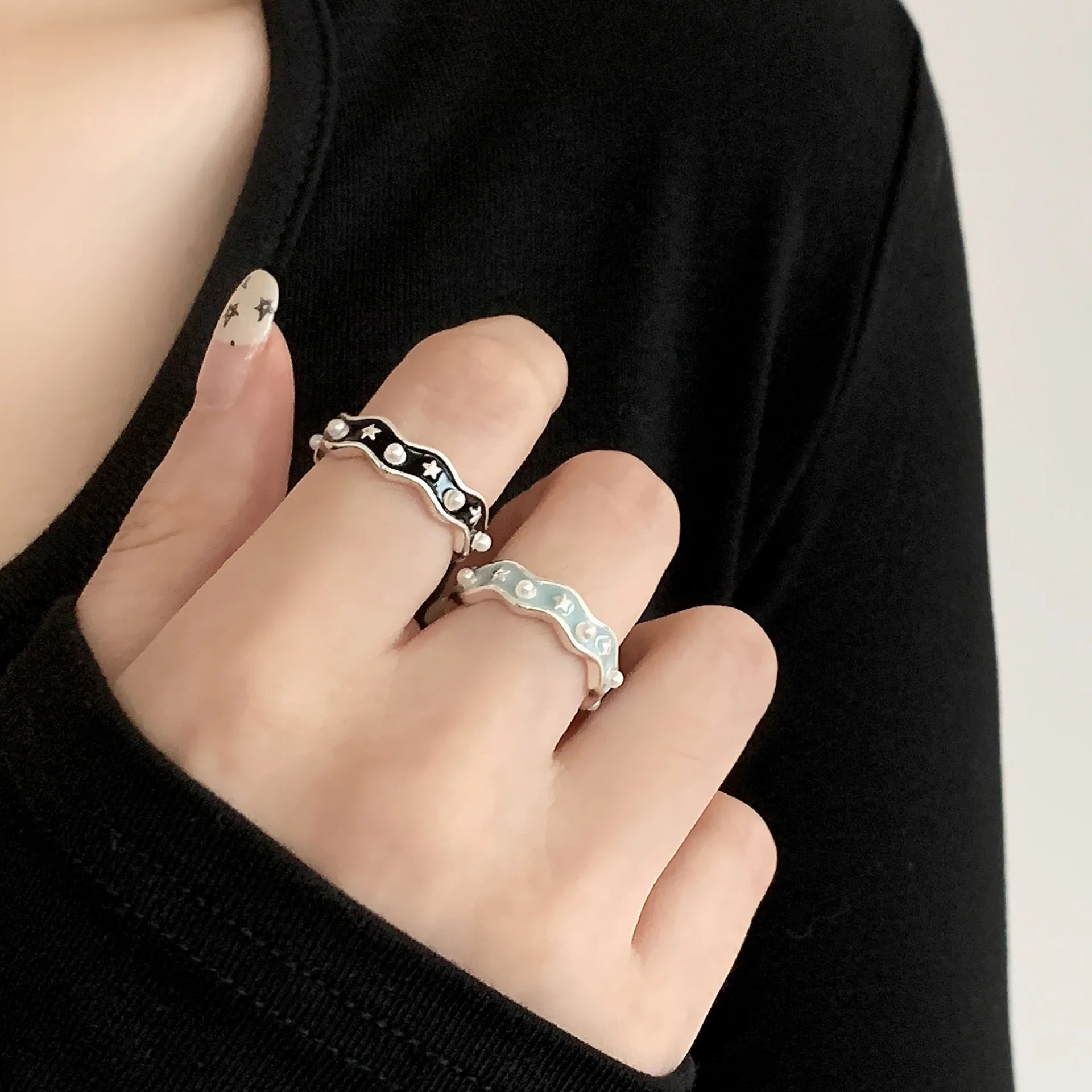 

925 Sterling Silver Open Finger Ring Wavy Enamel Beads Star Geometric Black Punk For Women Jewelry Gift Dropship Wholesale