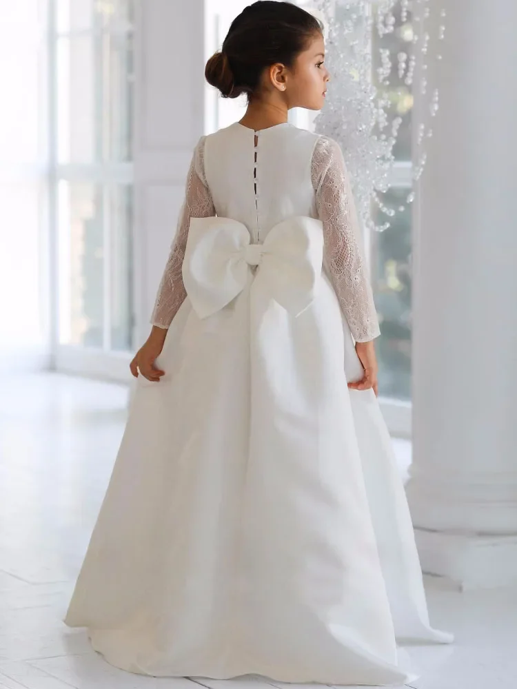 Birthday Evening Banquet Gowns Customized Flower Girl Dresses White Satin Appliques With Bow Long Sleeve For Wedding