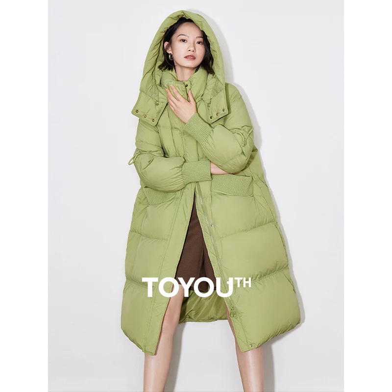 Toyoutth jaqueta feminina para baixo 2024 inverno novo com capuz gola alta zíper único breasted botão quente parkas preto casaco longo